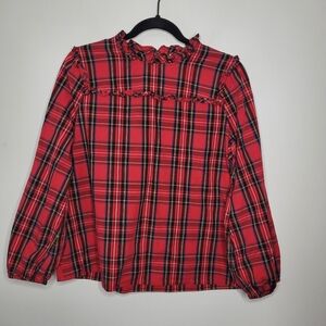 J. Crew Red Plaid Ruffle-Neck Long-Sleeve Top